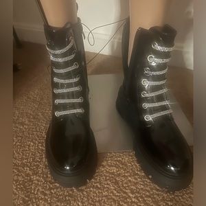 Rhinestone Faux Leather Combat Boots